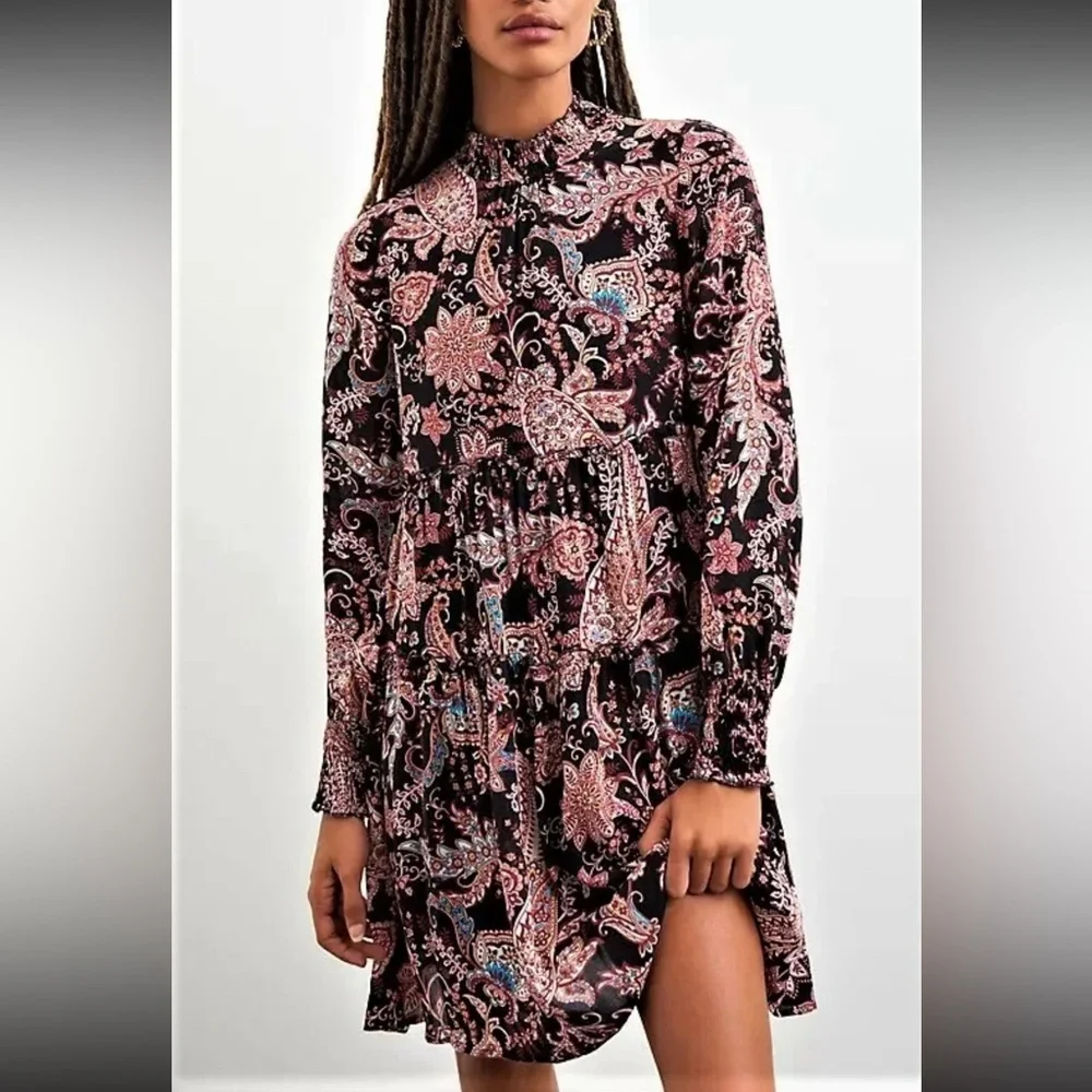 Anthropologie “Cady” Black Paisley Print Long Sleeve Mockneck Babydoll Dress XS